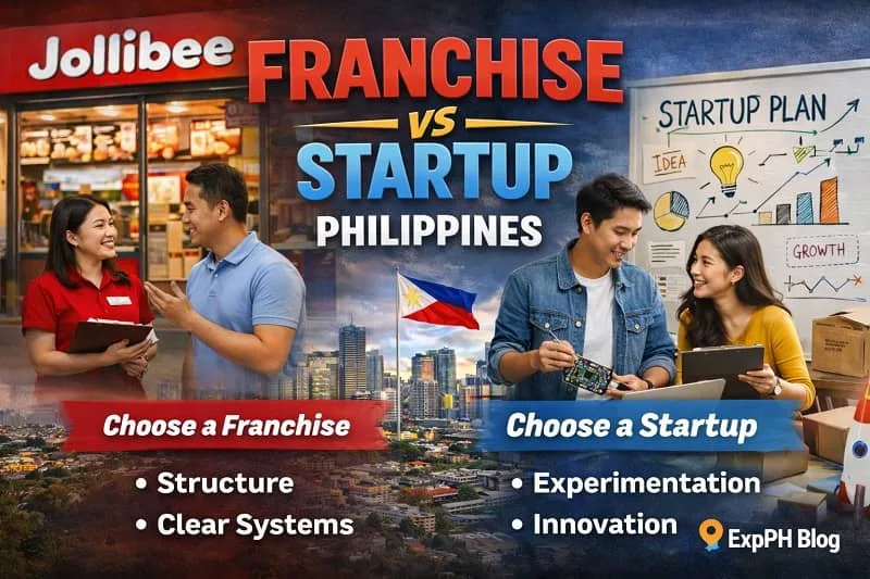Filipino entrepreneurs comparing franchise and startup business options with city skyline, business planning visuals, and mixed typography design