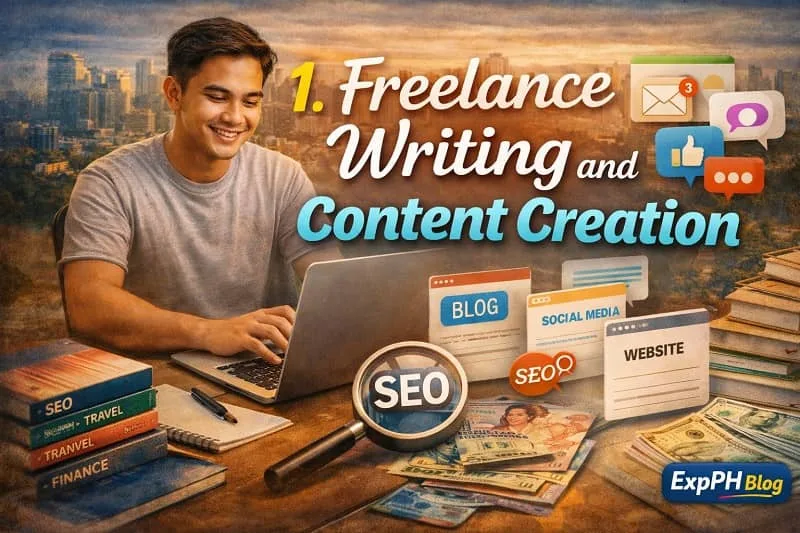 Filipino freelancer writing content on a laptop with SEO tools, blog elements, and money representing freelance writing business with ExpPH Blog logo
