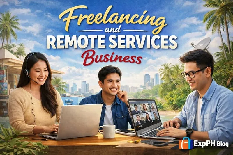 Filipino freelancers working online using laptops and headsets in a tropical Philippine setting, representing freelancing and remote services business opportunities, with ExpPH Blog logo.