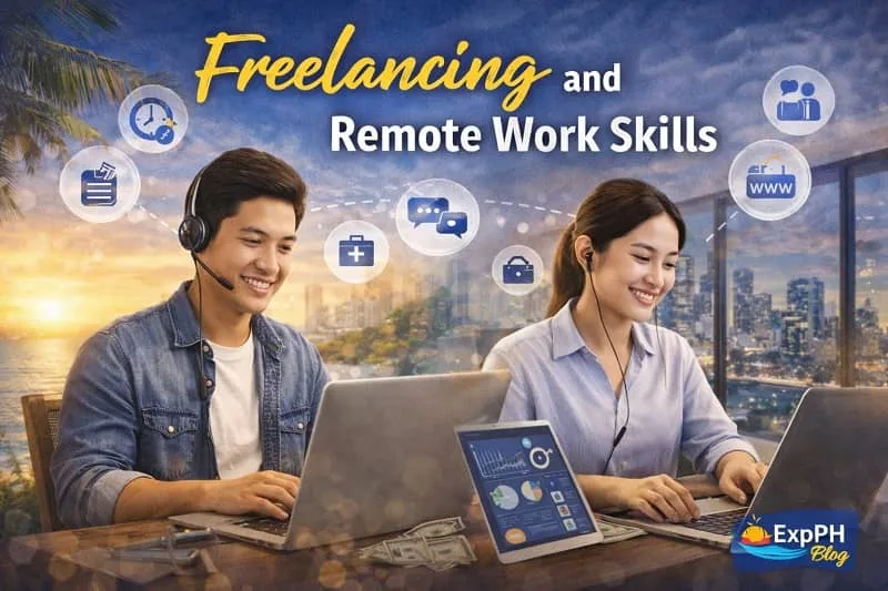 Filipino freelancers working remotely using laptops and headsets, showcasing freelancing and remote work skills with ExpPH Blog logo visible