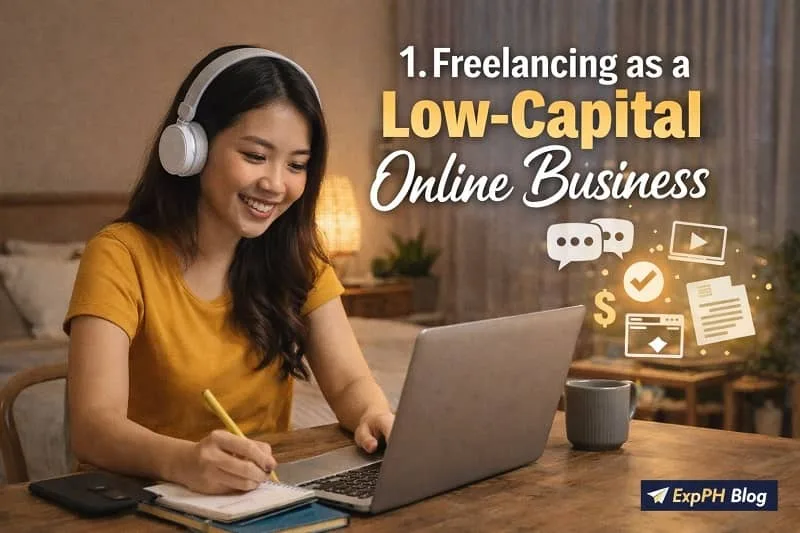 Filipino freelancer working on a laptop at home with freelancing icons and ExpPH Blog logo showing low-capital online business idea