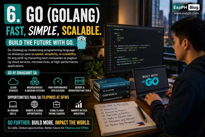 A Filipino developer coding in Go (Golang) on a laptop with cloud and backend system visuals, featuring bold mixed-font typography and ExpPH Blog logo.