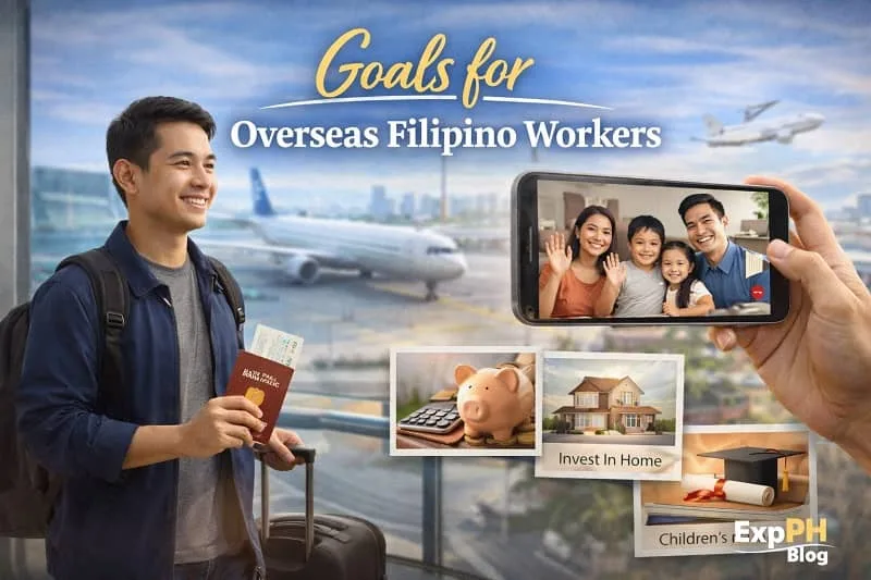 Overseas Filipino worker at an airport holding a passport while video calling family, showing savings, home investment, and education goals, with ExpPH Blog logo in a realistic scene