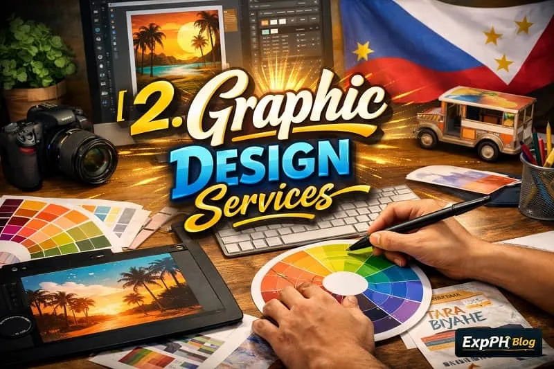 Filipino graphic designer working on a digital tablet with color palette, showcasing graphic design services with Philippine-themed elements and ExpPH Blog logo