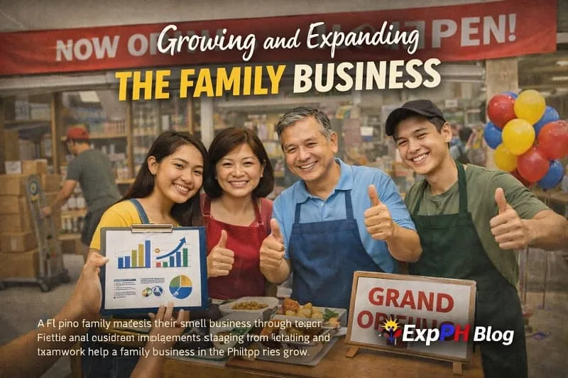 Filipino family celebrating the growth and expansion of their small business in front of a newly opened store with ExpPH Blog logo visible