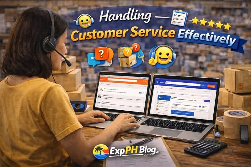 Filipino online seller wearing headset assisting customers on Shopee and Lazada using laptop with chat support and packages around workspace with ExpPH Blog logo