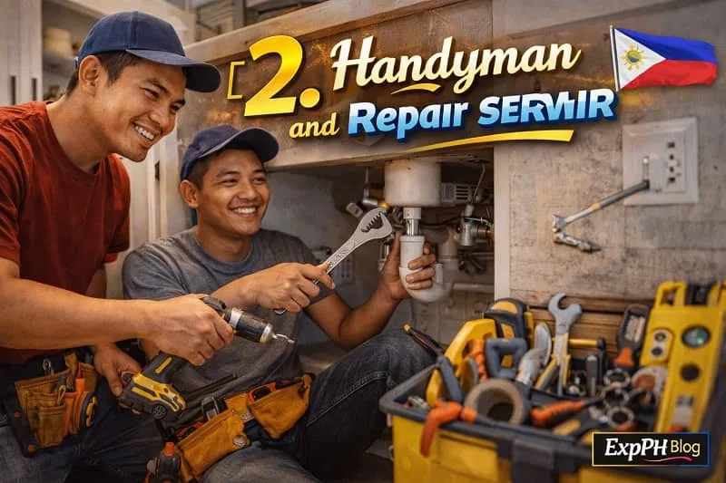Filipino handyman repairing a sink using tools with assistant, showcasing home repair services, featuring ExpPH Blog logo
