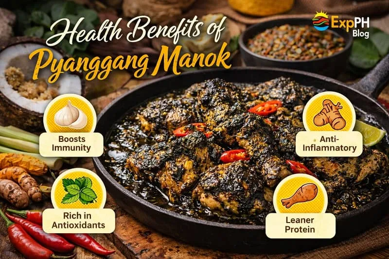 Authentic Pyanggang Manok with burnt coconut sauce highlighting its health benefits including immunity support, anti inflammatory properties, antioxidants, and lean protein, featuring ExpPH Blog logo