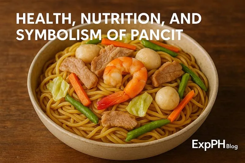 A realistic bowl of pancit with vegetables, meat, and shrimp on a wooden table, representing health, nutrition, and symbolism in Filipino culture with the ExpPH Blog logo.