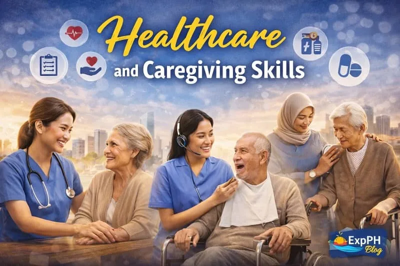 Filipino healthcare workers and caregivers providing compassionate care to elderly patients in a modern healthcare setting with ExpPH Blog logo visible