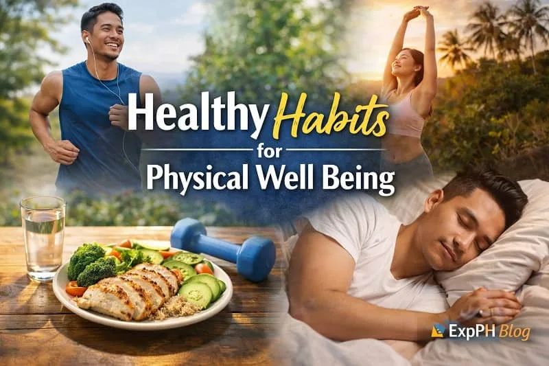 Realistic image showing Filipinos practicing healthy habits such as jogging, stretching, eating balanced meals, staying hydrated, lifting light weights, and getting quality sleep for physical well being.