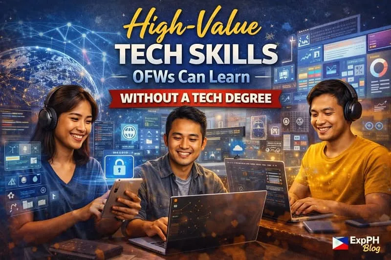 Filipino OFWs using laptops and digital tools representing high-value tech skills that overseas workers can learn without a tech degree for future careers