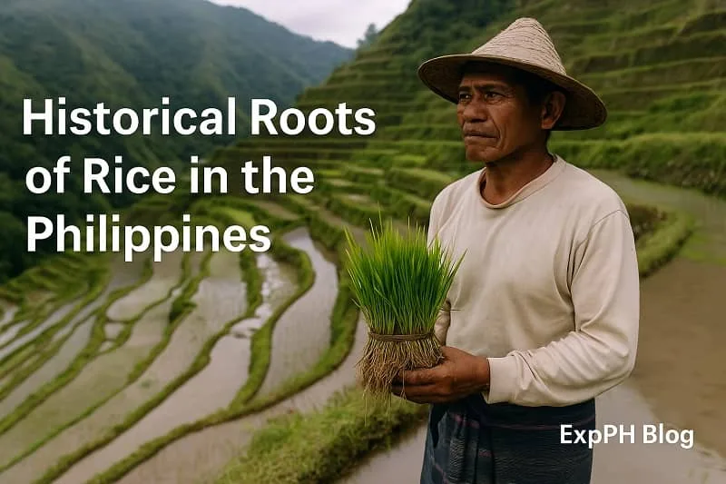 An elderly Filipino farmer holding young rice plants while standing in traditional rice terraces, showing the deep historical roots of rice farming in the Philippines.