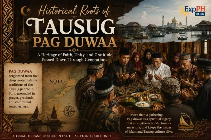 Realistic image of Tausug community members praying together during a traditional Pag duwaa gathering in Sulu with Islamic cultural elements, historical visuals, and the ExpPH Blog logo.