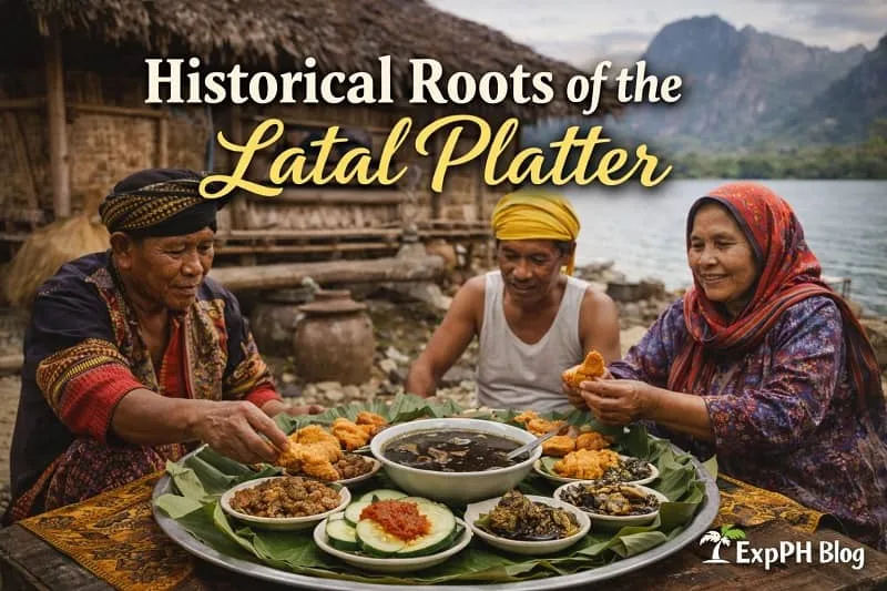 Elders sharing a traditional Tausug latal platter with tiyula itum and native dishes on banana leaves, reflecting the historical roots of communal dining in Sulu