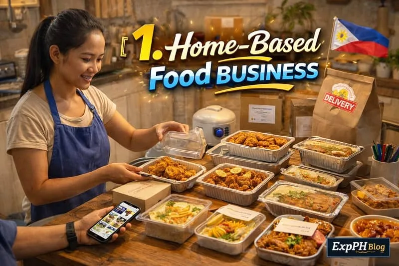 Filipino home-based food seller preparing and packaging meals in a kitchen, with food containers and delivery setup, featuring ExpPH Blog logo