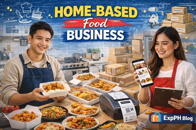 Filipino entrepreneurs preparing and selling homemade meals in a home kitchen while managing orders with a smartphone, with ExpPH Blog logo.