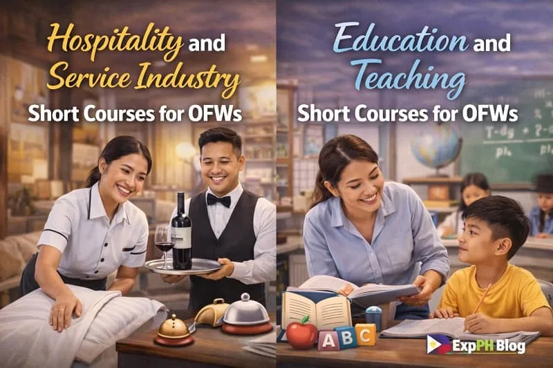 Filipino OFWs working in hospitality and service roles and teaching students in a classroom, representing hospitality, service industry, education, and teaching short courses for OFWs, with ExpPH Blog logo.