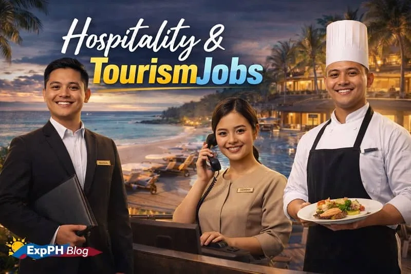 Filipino hospitality professionals including a hotel manager, chef, and tourism staff welcoming guests at a luxury hotel with Hospitality and Tourism Jobs text and ExpPH Blog logo.