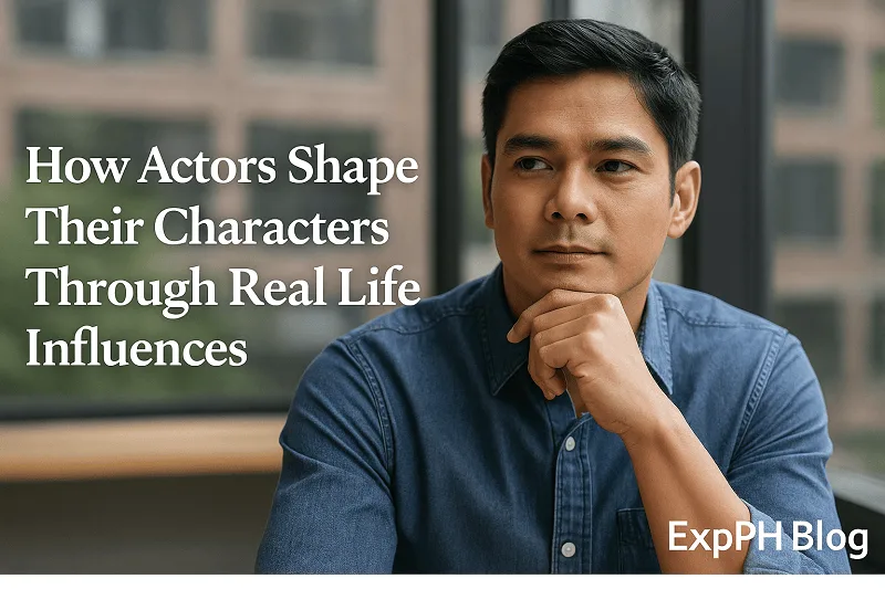 Realistic image of a Filipino actor in deep thought, symbolizing how real life experiences shape character portrayals, with the ExpPH Blog logo.