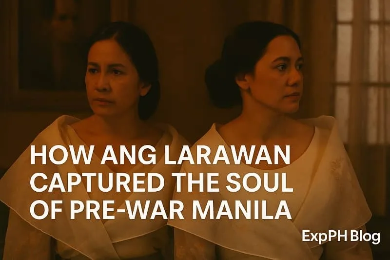 Realistic scene of two Filipina women in Pre War Manila attire with warm lighting for the Ang Larawan feature on ExpPH Blog
