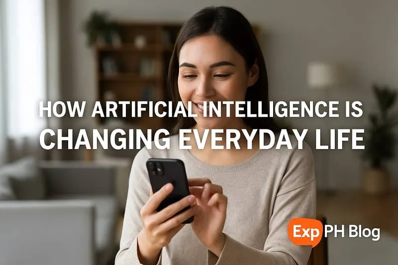 Realistic image showing a woman using a smartphone at home, representing how artificial intelligence is changing everyday life through smart technology and digital tools.