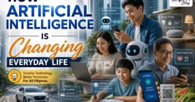 Filipino family using artificial intelligence technology at home, including smartphone assistant, smart home devices, e-wallet payment, and online learning, showing how AI is changing everyday life