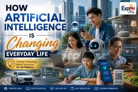 Filipino family using artificial intelligence technology at home, including smartphone assistant, smart home devices, e-wallet payment, and online learning, showing how AI is changing everyday life