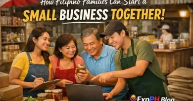 Filipino family working together on a small business using a laptop and products inside a local shop with ExpPH Blog logo displayed