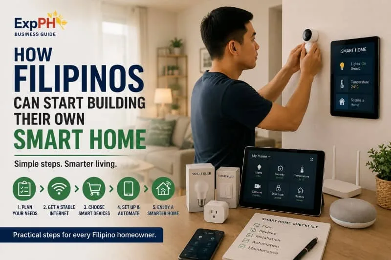 Filipino homeowner installing smart home devices with automation controls inside a modern residential living space.