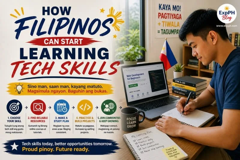 Filipino beginner learning tech skills on a laptop with coding lessons, study plan notebook, and educational tools, with ExpPH Blog logo