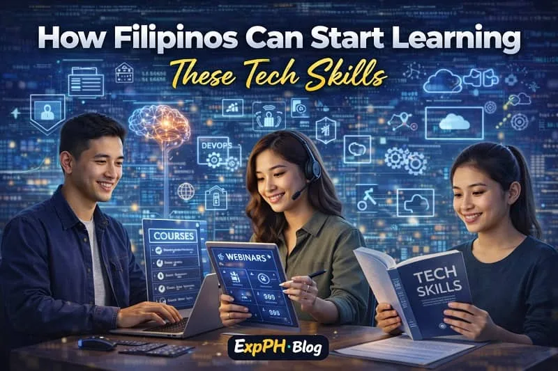 Filipinos learning tech skills through online courses, webinars, and digital tools with ExpPH Blog logo displayed
