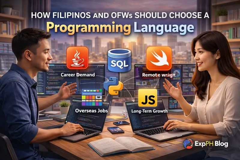 Filipino professionals and OFWs choosing a programming language in a modern workspace, showing laptops, coding screens, decision making, and career planning with the ExpPH Blog logo.