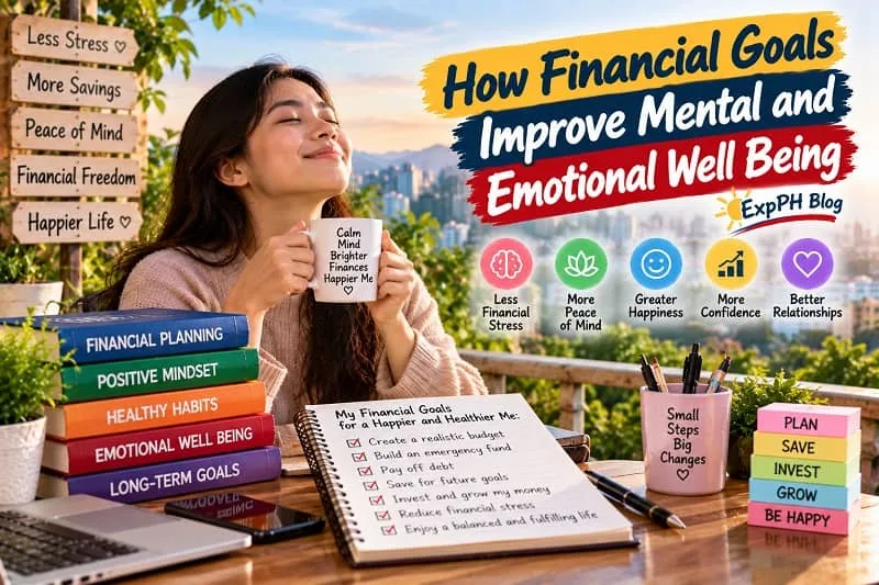 A young Filipina relaxing with a mug beside a financial goals notebook, laptop, and personal finance books, illustrating how financial planning can support peace of mind and emotional well-being, with the ExpPH Blog logo.