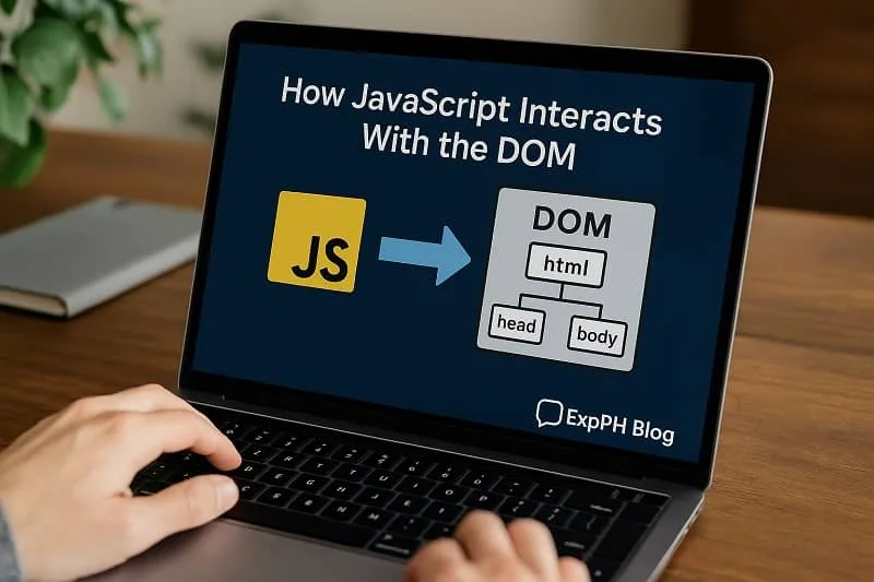 Realistic laptop showing JavaScript and DOM interaction diagram with ExpPH Blog branding