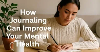 A realistic photo of a young Filipina woman writing in her journal at a wooden table, with a plant and coffee mug beside her, showing the mental health benefits of journaling.