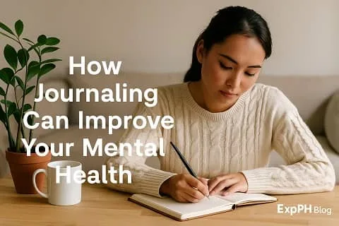A realistic photo of a young Filipina woman writing in her journal at a wooden table, with a plant and coffee mug beside her, showing the mental health benefits of journaling.