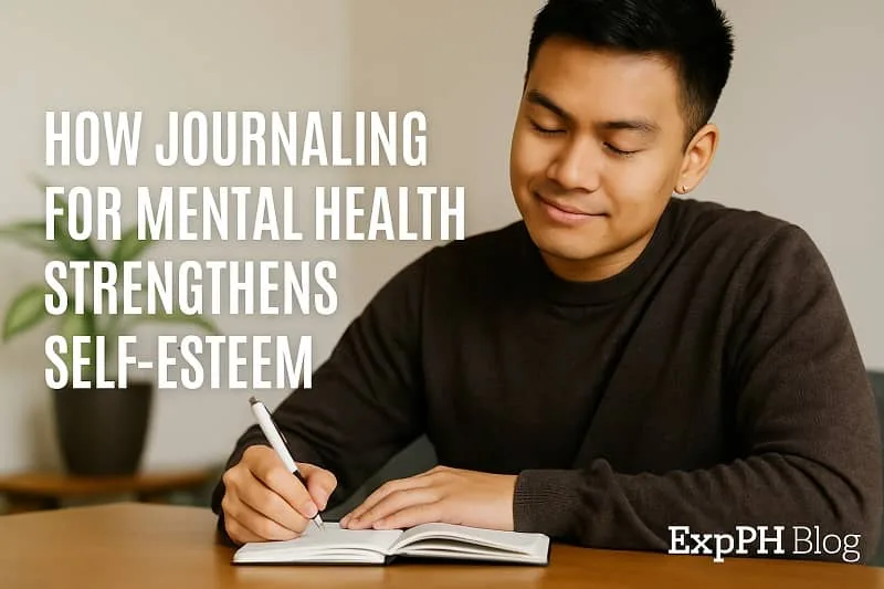 Filipino man smiling while journaling at a table, showing how writing helps boost self esteem and support mental health, with the ExpPH Blog logo included.