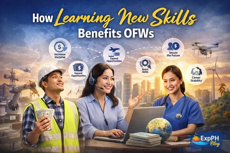 Filipino overseas workers gaining new skills to improve income, career stability, and global opportunities with ExpPH Blog logo visible