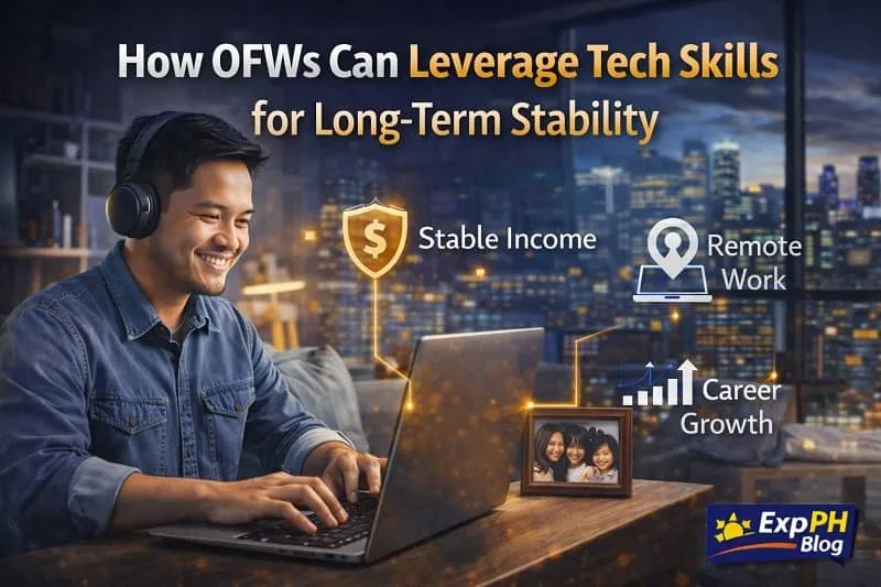 Filipino overseas worker using a laptop to build tech skills for long term stability with remote work icons and ExpPH Blog logo