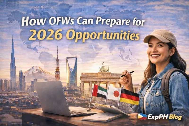 Filipina OFW planning her future with a laptop and documents, surrounded by global landmarks and country flags, representing preparation for overseas work in 2026, with ExpPH Blog logo.