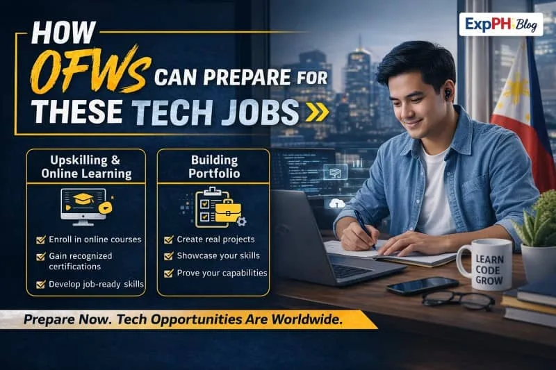 Filipino OFW studying online with laptop, working on tech skills and building a portfolio with digital icons representing learning, coding, and career growth