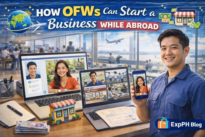 Filipino OFW managing a business remotely using a laptop and smartphone while communicating with a partner in the Philippines, with ExpPH Blog logo.