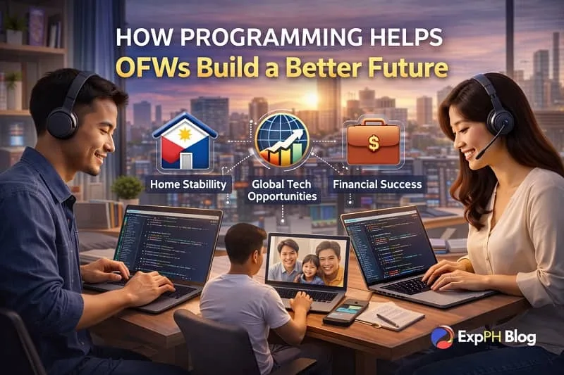 Overseas Filipino Workers learning programming on laptops in a modern workspace, showing coding skills, remote work opportunities, family connection, and career growth with the ExpPH Blog logo.