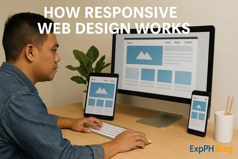 A Filipino web designer working at a desk with a desktop, tablet, and smartphone displaying the same responsive website layout, showing how responsive web design works.