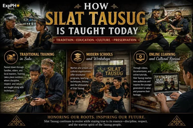 Realistic image of Filipino Tausug practitioners learning Silat Tausug through traditional training, martial arts workshops, and online learning with the ExpPH Blog logo.