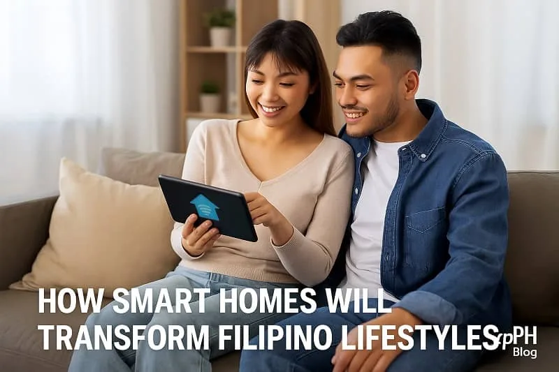 Filipino couple using a smart home control tablet in a modern living room with the ExpPH Blog logo.