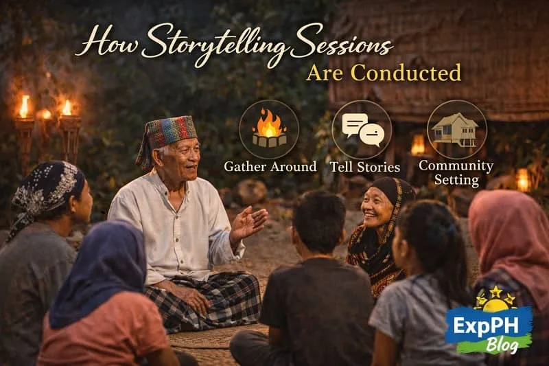 Storytelling Sessions with Sulu Elders conducted in a traditional community setting where elders share stories with youth in a Filipino cultural gathering