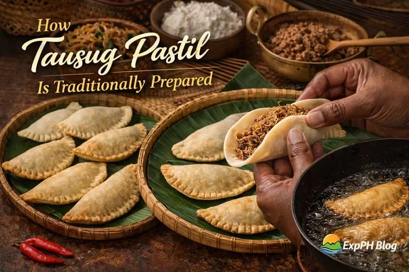 Hands preparing half moon shaped Tausug Pastil with meat and pansit during traditional deep frying process in Sulu