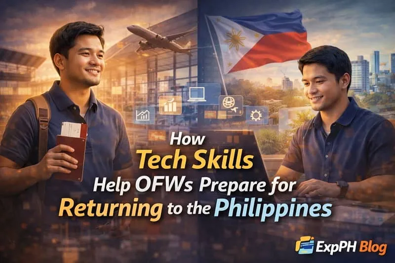 Filipino OFW using tech skills to prepare for returning to the Philippines through remote work and digital careers with ExpPH Blog branding